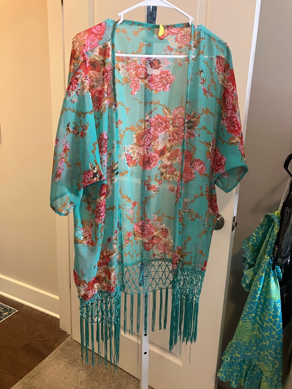 Turquoise Floral Sheer Kimono with Fringe